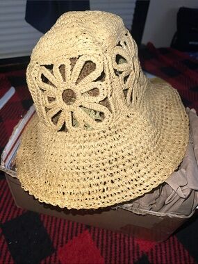 Ashley Stewart Straw Hat with Floral Cutouts